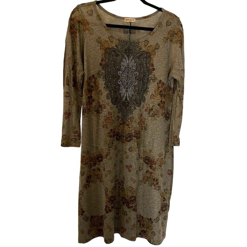 Studio Gem Q USA Women’s Mini Dress Tunic Blouse L Beads Beige Floral Metallic